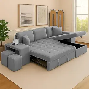 FURNY Holland 6 Seater RHS L Shape Pull Out Sofa Cum Bed with Storage &amp;amp;amp; 2 Puffy for Living Room (Light Grey Velvet Fabric)