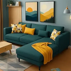 FURNY Mintona 4 Seater Fabric RHS L Shape Sofa Set (Teal)